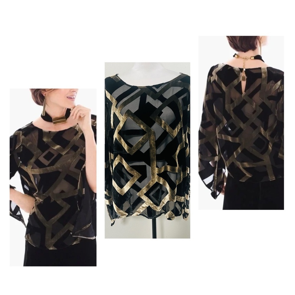 Chico's Black Label Burnout Velvet Top Women’s Size XLarge Geometric Open Sl EUC